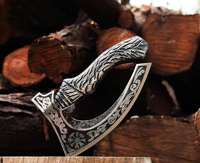 Viking Pizza Cutter Hand Forged Hatchet Mini Axe | Carbon Steel Slicer Chef Axe with Leather Sheath | Premium Pizza Oven Accessories for Camping Hunting &amp Gifts for Men (Vk Pizza Axe)