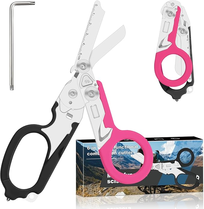trauma shears foldable emergency scissors combining 6 functions into one suitable for outdoor camping emergency rescue and wilderness survival. (black-pink)