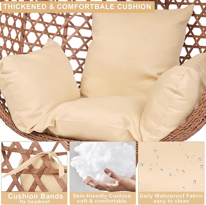 Indoor Hanging Chair with Stand for Bedroom Hexagon Rattan Wicker Swing Egg Chair for Bedroom Porch Garden Patio Outdoor Hammock Egg Swing Chair with Cushion350LBS Capacity (Beige)
