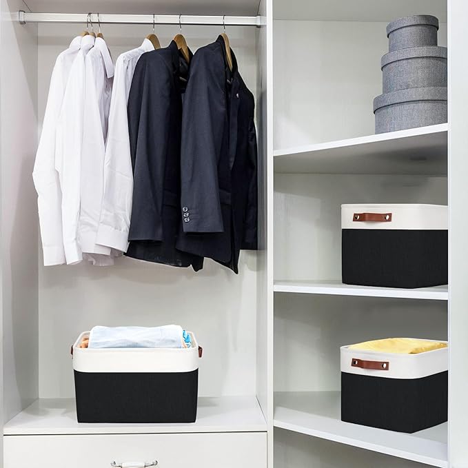 Storage Bins Large Fabric Storage Baskets for Shelves 3 Pack Decorative Linen Closet Baskets with Handles for Organizing Shelf Clothes Home Office 15x11x9.5Inches (Black&ampWhite)