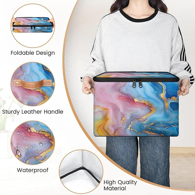 Storage Bins with Lids Attractive Marble Pattern Storage Basket Clothes Organizer with Handles Closet Storage Containers for Clothing Bedding Blanket