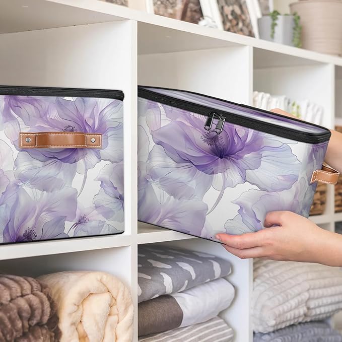 Storage Bins with Lids Blooming Flower Storage Basket Clothes Organizer with Handles Closet Storage Containers for Clothing Bedding Blanket