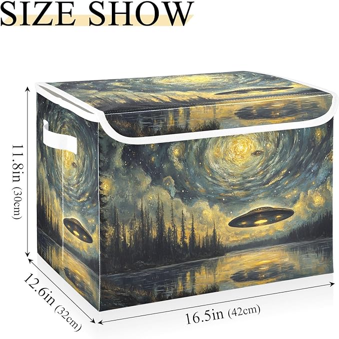 AIXIWAWA Lidded Storage Cube (Art Painting Ufo) Fabric Foldable Closet Bins with Flip Lid and Handles Organizer Basket Container 16.5 x 12.6 x 11.8 IN