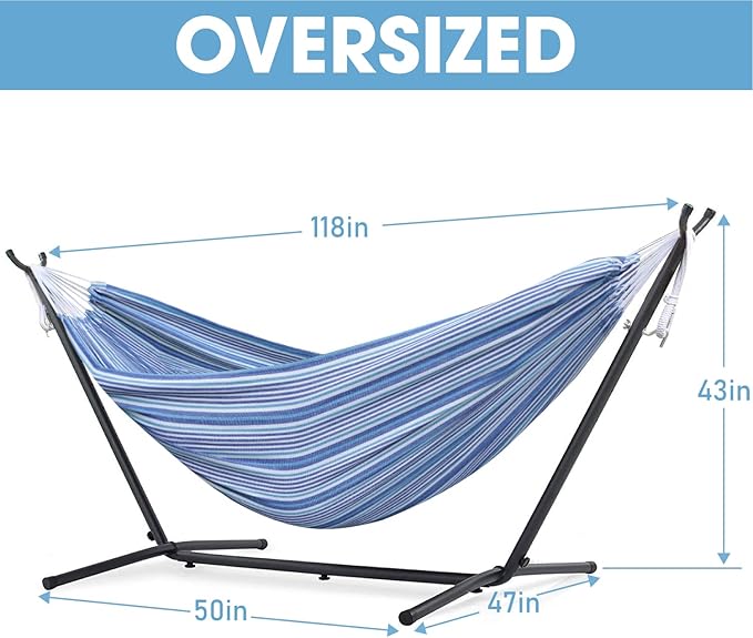 550lbs Capacity Double Hammock Adjustable Hammock Bed with 10ft Heavy Duty Steel Stand Includes Portable Carrying Case Easy Set up European Style Blue Stripes