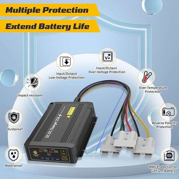 12V 25A DC to DC Charger with MPPT IP68 Waterproof Smart On-Board Battery Charger with Anderson Plug Solar and Alternator Dual Input Fits for LiFePO4 AGM STDGel Cal