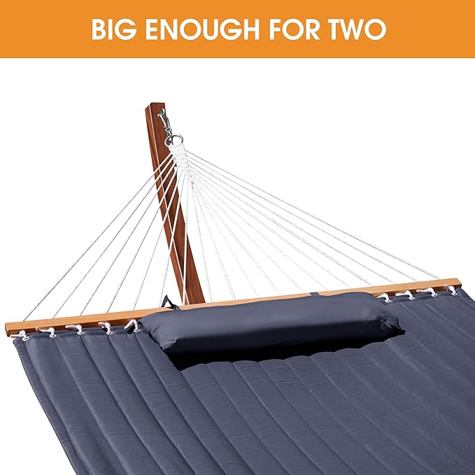 Lazy Daze Hammocks 12 FT 2 Person Double Quilted Hammock with Curved Steel Heavy Duty Stand and Pillow for Outside Backyard Patio 450 Lbs Capacity Dark Grey