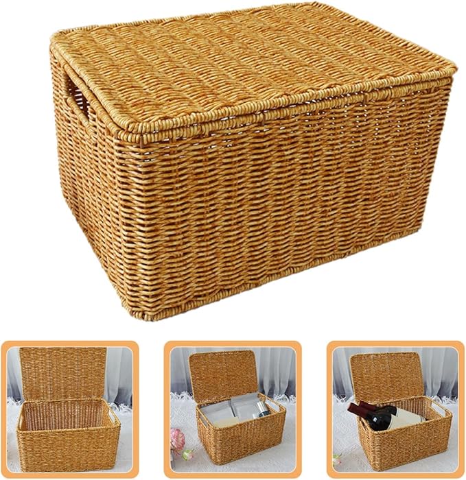 Lurrose Decorative Small Lidded Storage Basket Imitation Rattan Woven Container with Lid Large-capacity Closet Organizer Bin for Bedroom and Outdoor Use