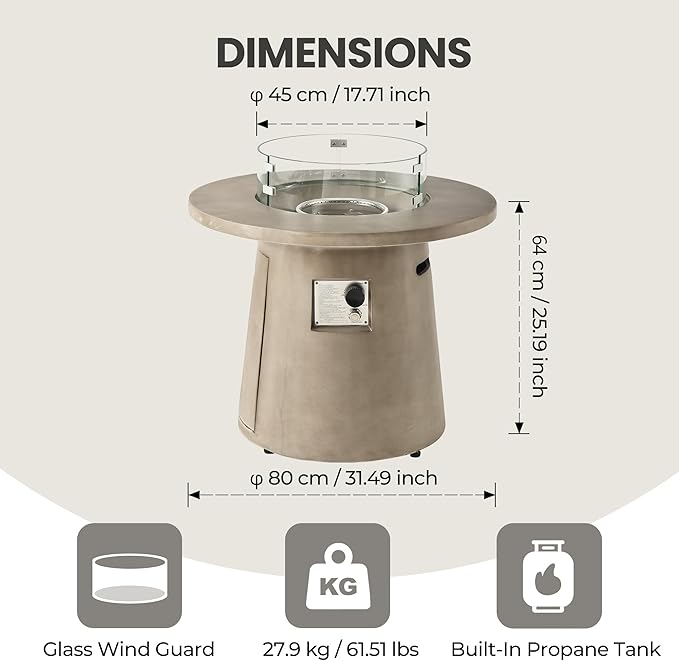 HOMPUS Outdoor Fire Pit Gray Propane Fire Table 31 inch Round Concrete Propane Fire Pit with Rain Cover 40000 BTU Gas Smokeless Firepit for Outside PatioGardenDeckBackyard