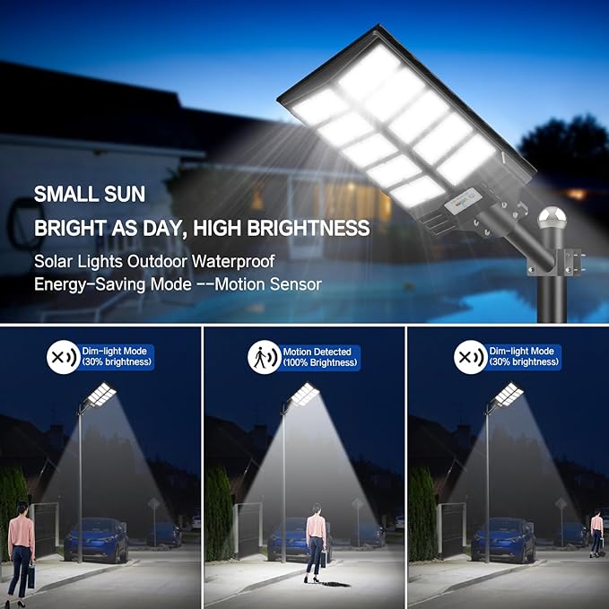Solar Street Light 8000W Street Light Outdoor High Lumens Parking Lot Lights 6500K Solar Lights Outdoor Motion Sensor Dusk to Dawn for Parking Lot with Remote Control 1 Pack