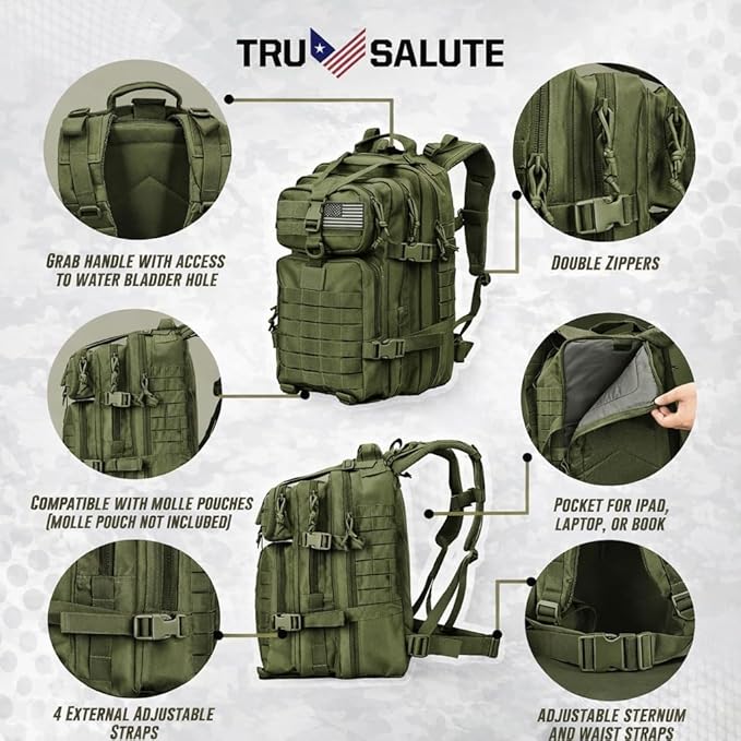 Tru Salute 45L Military Tactical Backpack Large Army 3 Day Assault Pack Molle Bug out Bag Rucksack (Amy Green)