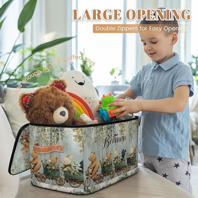Storage-Bins with Lids Handle Customized Stackable-Storage-Bin for Kids-Boys-Girls-Toys Cube Collapsibl Basket Animals Bear
