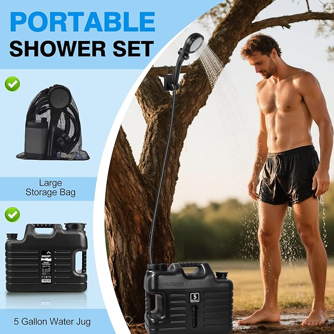 Digury Portable Camping Shower with 5 Gallon Water Jug 6000mAh Rechargeable Outdoor Camping Shower Kit IPX7 Waterproof Pump BPA Free Water Containers Camp Essentials