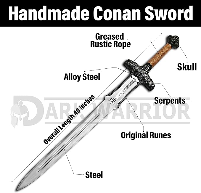 Conan Sword Handmade Conan Atlantean Sword 1095 Carbon Steel Brass Fittings Brown with Leather Sheath Viking sword - dark- conan sword real viking (Conan Atlantean Sword(BLACK))