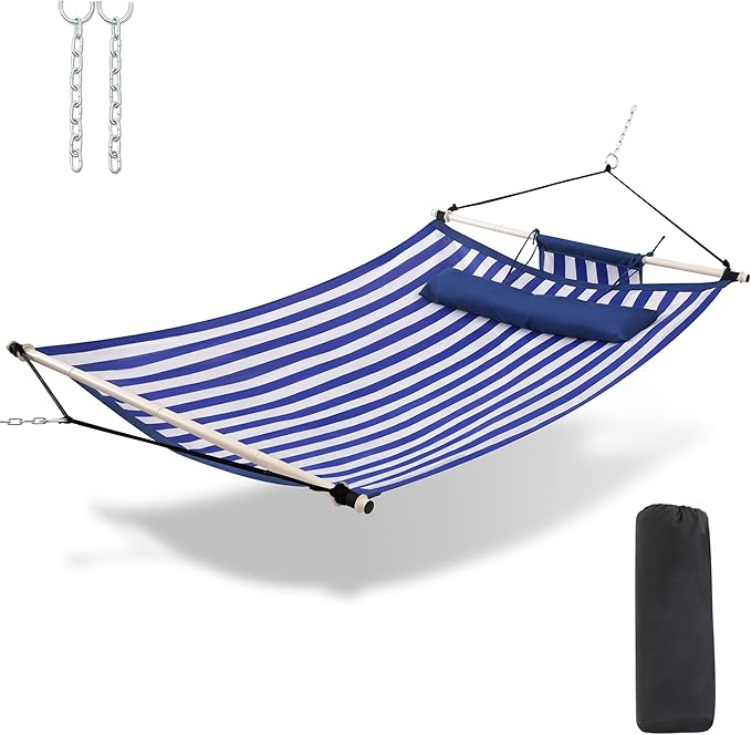 TegerDeger Anti-flip 12FT Hammock Large Hammock 450LB Capacity with Iron Spreader Bar &amp Nylon Rope for Outside Patio Garden Backyard Beach - Blue Strips