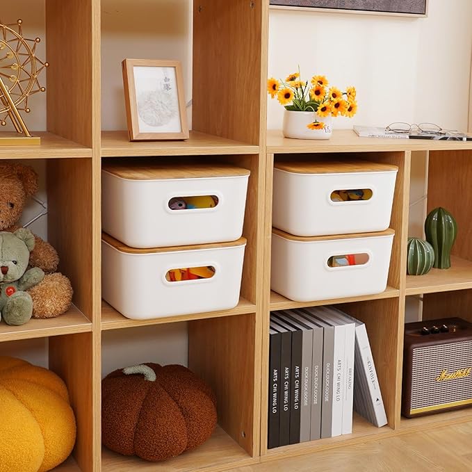 Citylife Storage Bins with Bamboo Lids 16QT Plastic Storage Containers Stackable Organizer Boxes with Handle for Desk Snacks Toys 2 PCS 15 L x 10.6 W x5.8 H