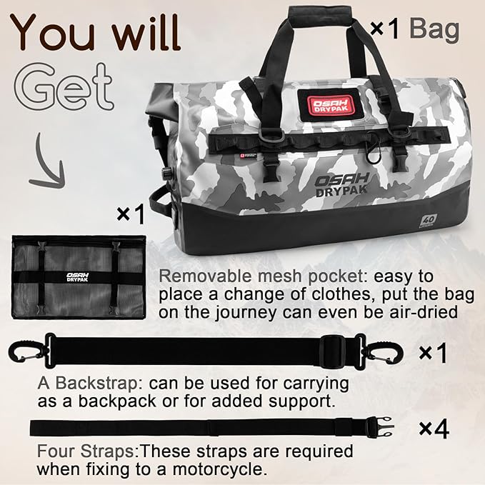 OSAH DRYPAK Waterproof Duffel Bag 25L/40L/60L – Heavy-Duty Motorcycle Tail Bag Roll-Top Dry Bag for Travel Camping Boating Kayaking Outdoor Adventure