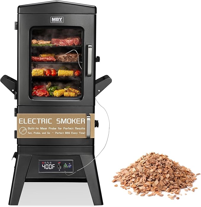 Large Vertical Electric Smoker Grill – 633 sq in | 4-Rack BBQ Smoker with Built-in Meat Probe Wood Chip Loader &ampWeather-Resistant Cover – Perfect for Steak Fish Ribs (Black)