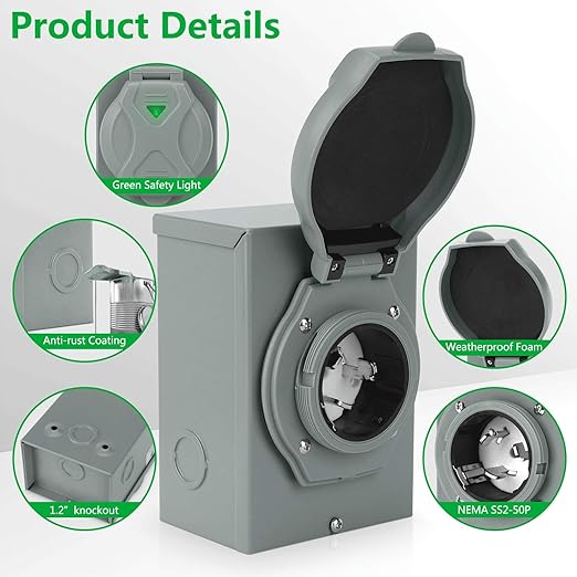 50 Amp Generator Power Inlet Box ETL Listed NEMA SS2-50P Power Inlet Box for 3 Prong Generator Cord 125/250 Volt 12500 Watts Generator Transfer Switch Weatherproof Outdoor Use