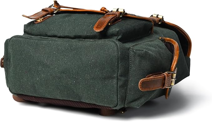 Leather Canvas Backpack Durable Vintage Large Travel Laptop Bag for Men &amp Women Work Hiking School (Oily Green)