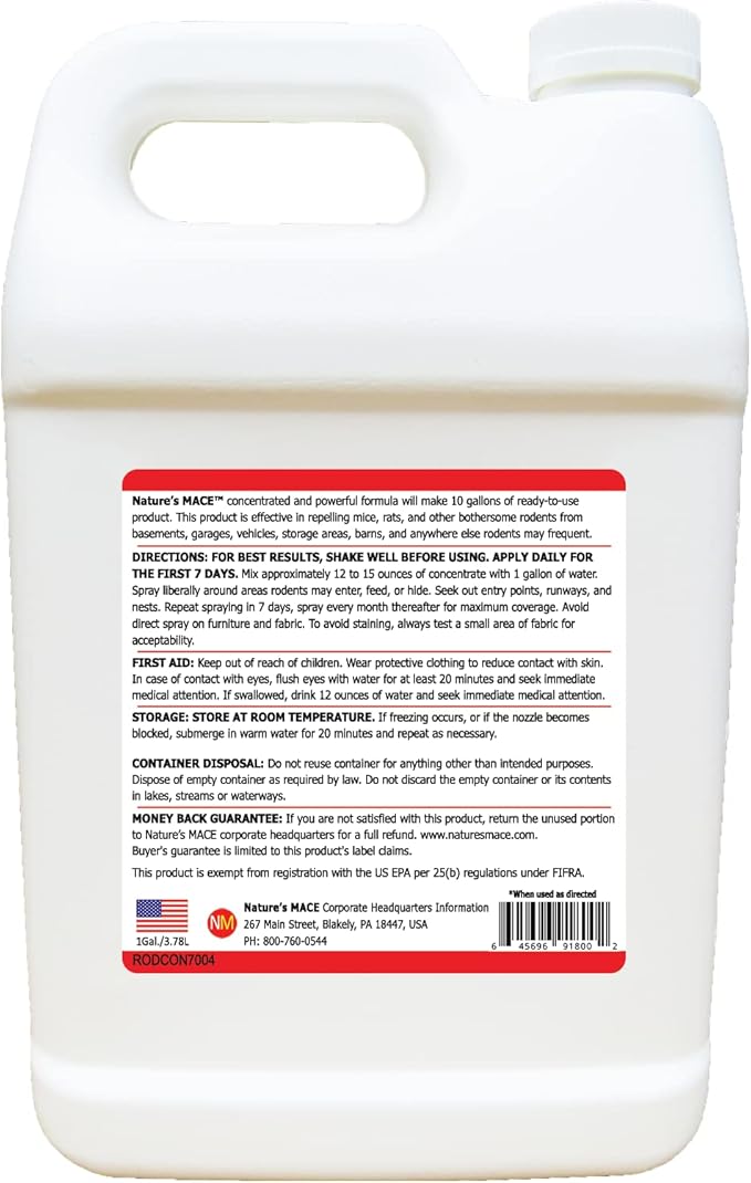 Nature’s MACE Rodent Repellent 1 Gal Concentrate Covers 87000 Sq Ft Rodent Repellent Outdoor Keep Rodents Out of Home Garage Attic Peppermint Spray Blend for Rodents Safe Around Kids &amp Pets