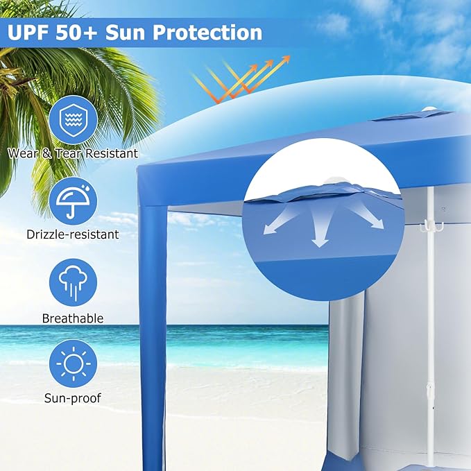 KOTEK 6.6'x6.6' Beach Cabana Portable Beach Shade Canopy with Sand Anchor Cup Holders &amp Sandbags Included Detachable Side Wall &amp Carrying Bag UPF 50+ Protection Easy Setup Beach Tent for
