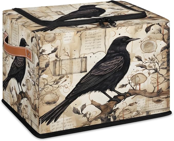 Halloween Crow Storage Bins with Lids Tree Collapsible Cube Storage Basket with Leather Handle Foldable Storage Box with Lids for Organizing Home Closet