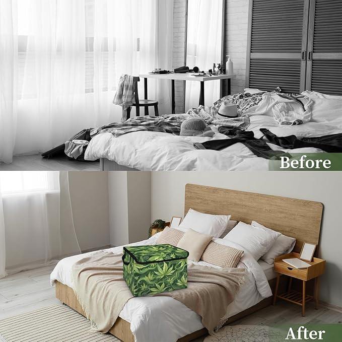 Leaf Storage Bins with Lids Green Leave Foldable Storage Boxes with Carrying Handle Organizer Containers Baskets Cube for Home Bedroom Closet