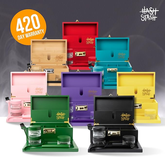 HASHSTASH The OG Storage Box - Large Bamboo Box with Combination Lock Magnetic Lid Organizer Tray Airtight Tube and 3 Jars - Discreet Decorative Locking Wooden Box with Accessories (Black/Gold)