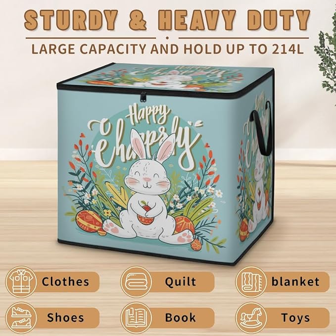 XL Large Clothes Storage with Lid Handle Spring Large Thick Clothes Blanket Storage Containers for Organizing Bedroom Closet Comforter Organization Storage Easter Rabbits