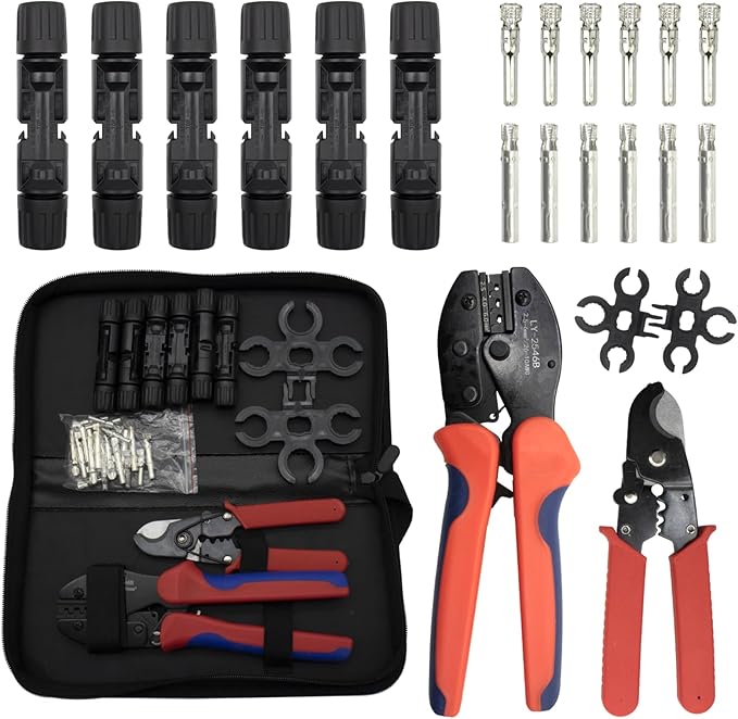 Solar PV Panel Crimping Tool Kit with 6 Pairs Solar Connectors Iron Wire Cable Cutter Solar Spanner Wrenches Solar Connector Crimper Works for AWG10-142.5/4/6mm²