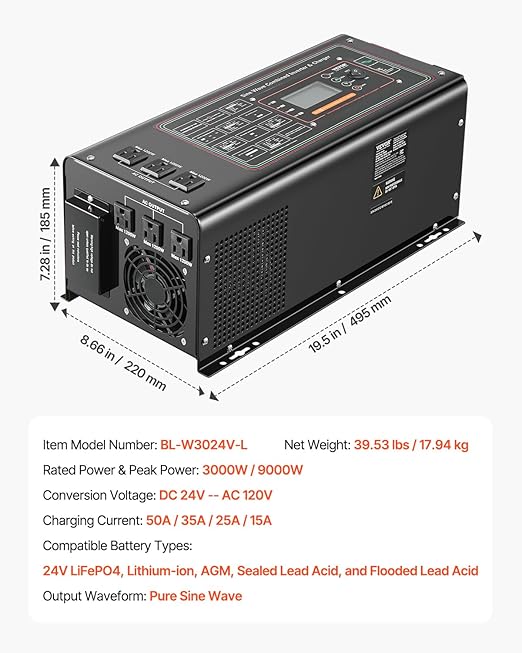 VEVOR Pure Sine Wave Inverter Charger 3000 Watt DC 24V to AC 120V Power Inverter with LCD Display Remote Control Solar Inverter for Off-Grid Solar RV Boat Home Compatible with Various Batteries