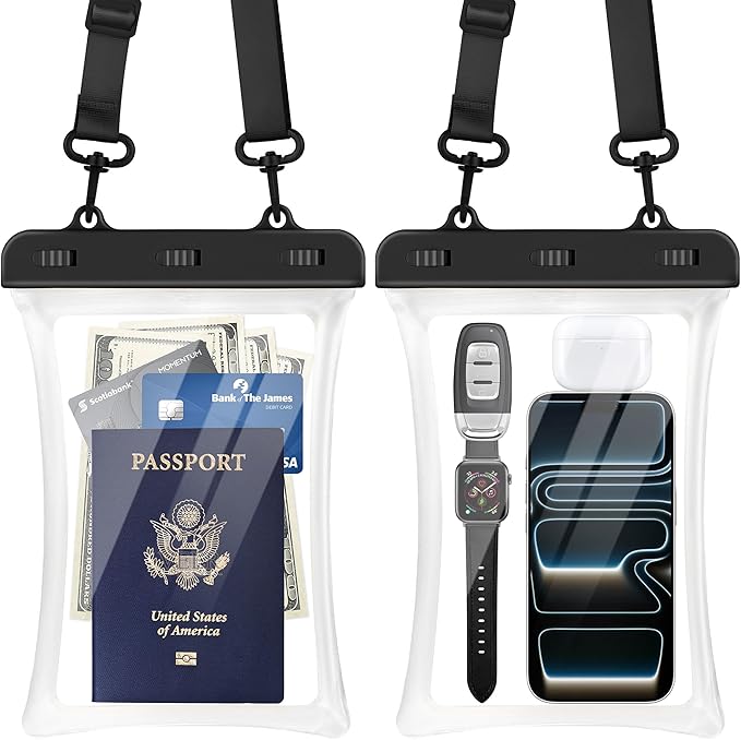 CACOE [Floatable Floating Universal IPX8 Waterproof Phone case 2 Pack-Up to 10.0Adjustable Lanyard Phone PouchDry Bags for Vacation Beach Pool Kayak Cruise Travel Essentials（Black+Black-#2）