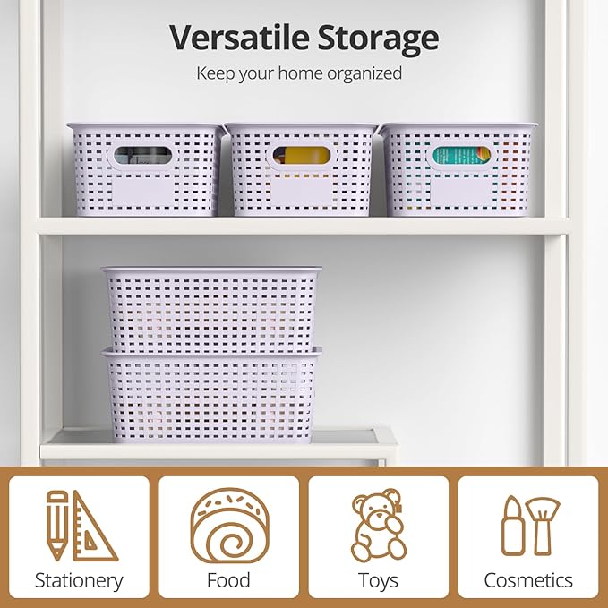 Plastic Storage Basket with Lid Stackable Small Box Bins for Organizing and Containers for Shelves Drawers Desktop Closet Playroom Pantry Classroom Office Home 8 Pack 10.2x7.2x4.1 Lavender