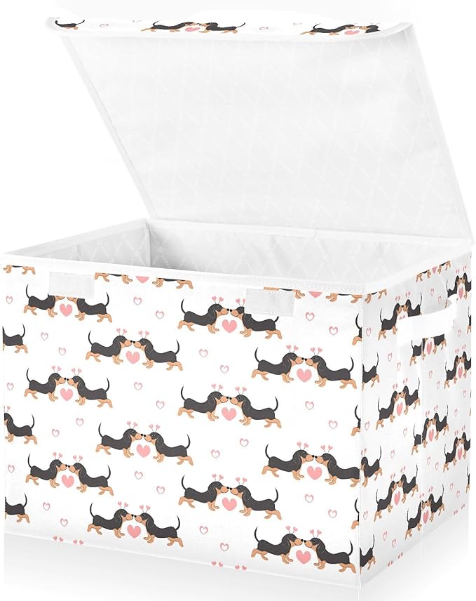 MNSRUU Containers Baskets with Lids Pink Hearts Dachshunds Dogs Foldable Storage Bins Organizer with Lid Collapsible Storage Boxes for Home Bedroom Closet Office