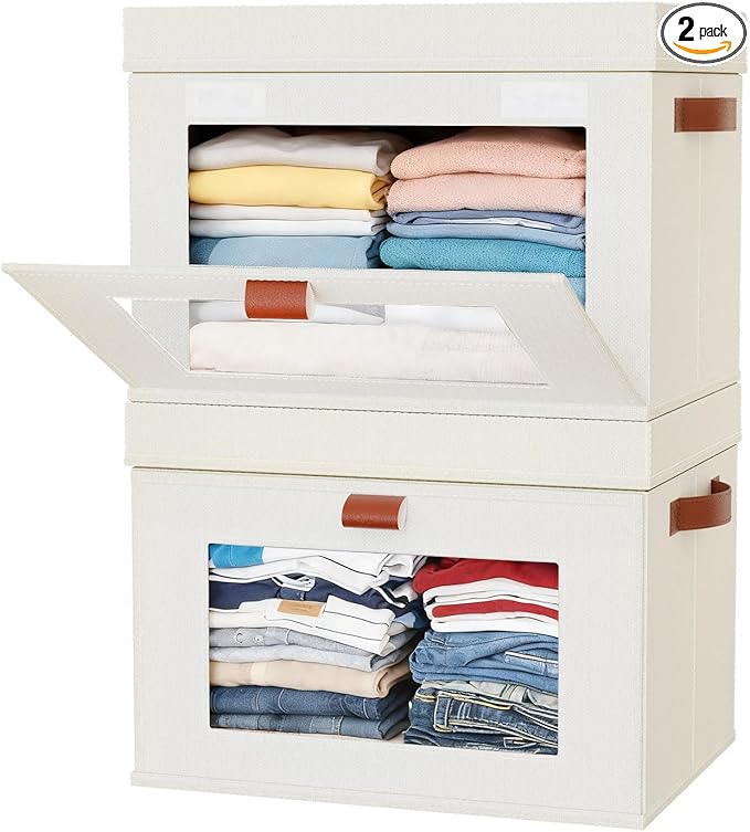 2-Pack Large Storage Bins with LidsStackable&ampCollapsible Closet Storage BinsOxford Fabric Organizer Box with Clear WindowLarge Decorative Storage Boxes for ClosetDorm16.5x11.8x11