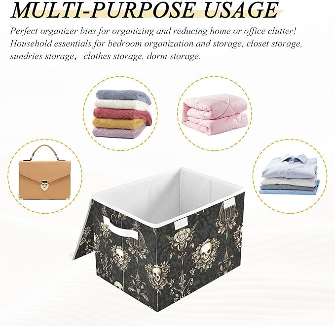 Collapsible Storage Bins with Lids Decorative Fabric Storage Cubes Closet Organizer and Storage Basket Boxes Containers for Clothes Box Chest Folding Rectangle Gothic Brown Skulls