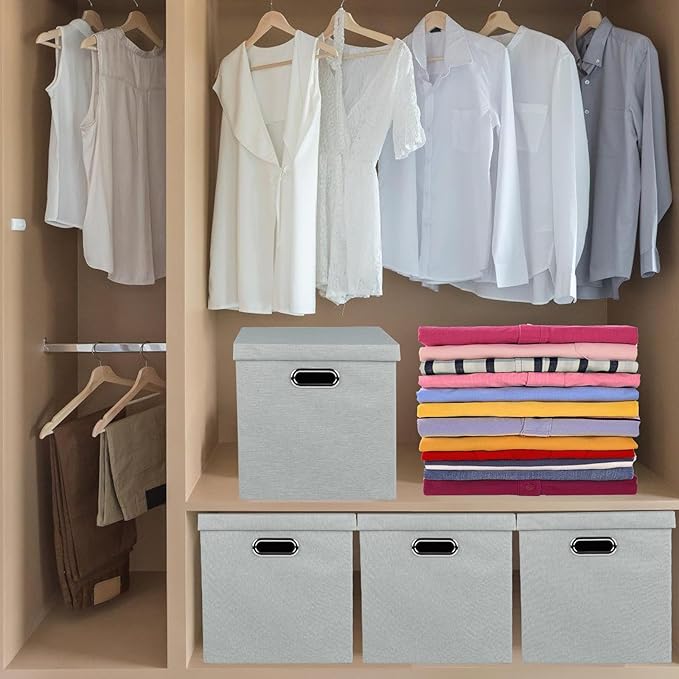 Storage Bins with Lids Collapsible Linen Fabric Boxes Organizer Containers with Lid Foldable Storage Box Basket for Closet Shelves Home Office 11 x 11 x 11.4 Inch 4 Pack Gray