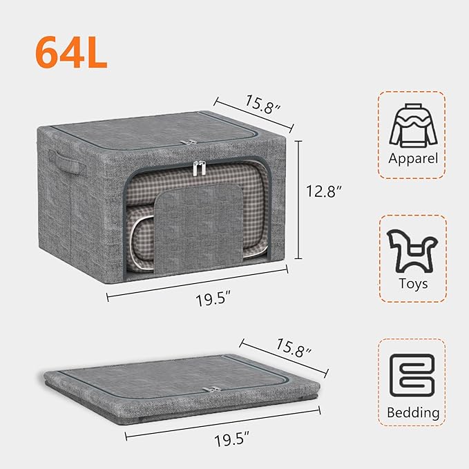 64L Large Stackable Storage Bins with Metal Frame (4 Pack) Foldable Fabric Clothes Organizer with 2 Clear Windows &amp Reinforced Handles Dual-Opening Storage Containers for Closet Underbed Grey