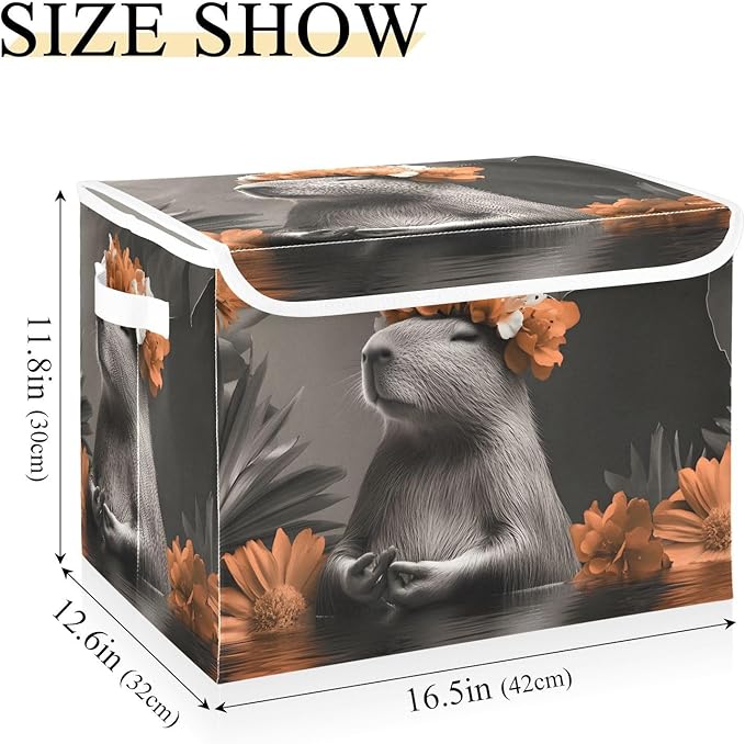 Peace Capybara Storage Cube Bins Basket with Lid Collapsible Flip-top Fabric with Handle for Home Bedroom Closet Office 16.5×12.6×11.8 in