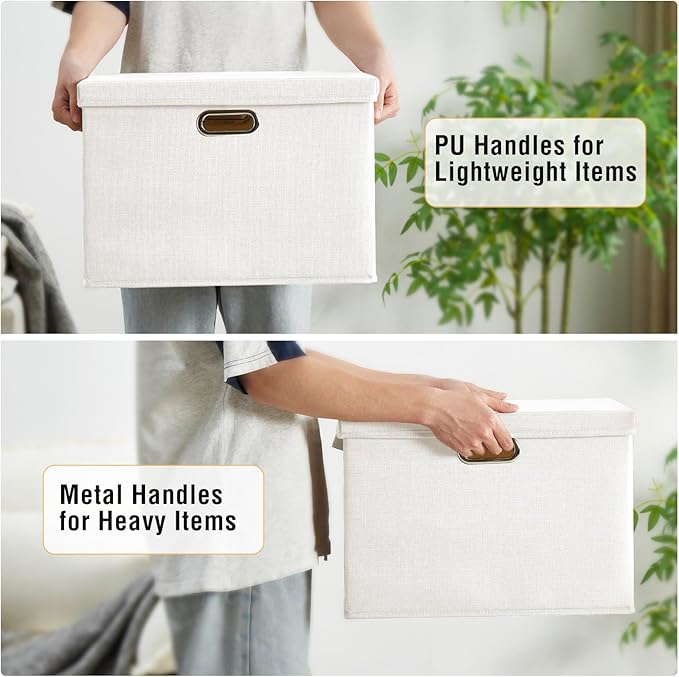 17 Large Collapsible Storage Bins with Lids Stackable Closet Organizers with PU Handle and Labels 3-Pack Decorative Fabric Storage Boxes for Home Bedroom Closet Office Nursery(White)