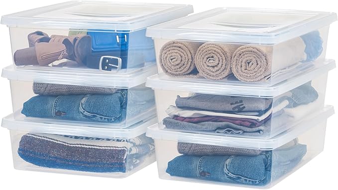 IRIS USA 6-Pack Storage Bins with Lids 28 Quart Clear Stackable Containers Box Organize Shoes Closet Shelves Clothes Blankets Towels - BPA-Free Plastic
