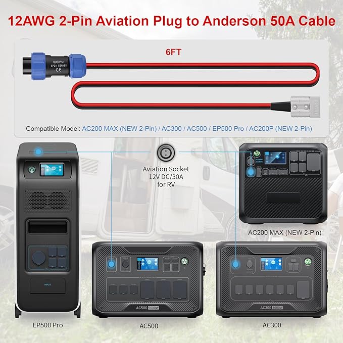 ELFCULB Aviation Plug to SB50 Cable 10AWG SB50 Battery Quick Connect to Aviation Male 12V Charing Cable Compatible with Portable Power Station AC200MAX/AC200P New 2-Pin(6FT)