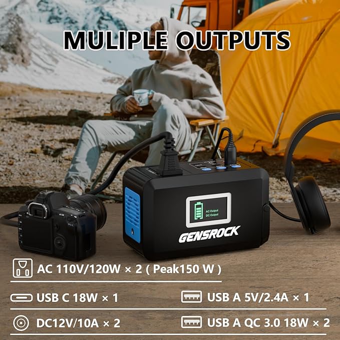 GENSROCK Portable Power Station 120W(220W Peak) 88Wh Camping Solar Generator Lithium Battery Power Bank with 2 110V AC Outlet QC 3.0 Type-C LED Flashlight for CPAP Home Camping Travel Emergency