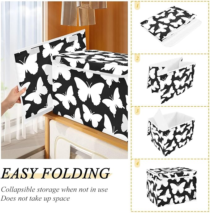 foldable 40 L cube storage bins with handles heavy duty storage containers Christmas For BedroomCloset Living Room 42x32x30cm -Fashion Black and White Butterfly