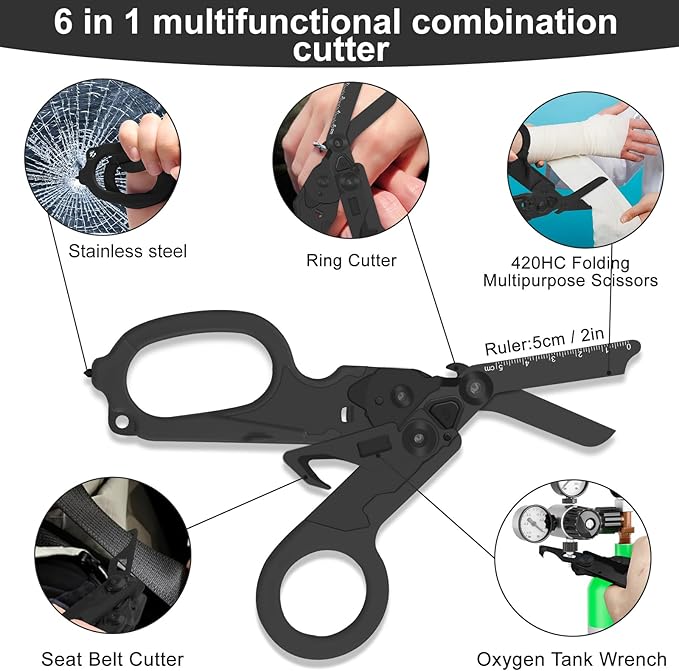 6 in 1 Multifunctional Combination Tool Folding Retractable Emergency Shears Outdoor Camping Tools Seat Belt Cutter Oxygen Cylinder Wrench Complimentary Adjustable Wrench (Electroplating black)