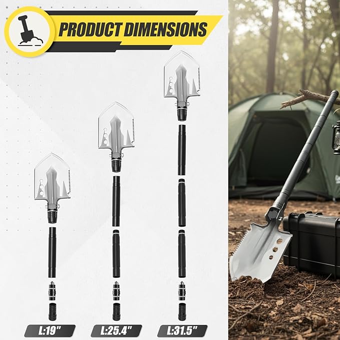 Folding Camping Shovel Axe KitMultifunctional Survival Shovel with Stainless Steel Pickaxe pliersCompassLocking scissorsMagnetic flashlight- For Camping Snow Hiking Survival Gear