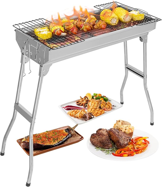Outvita Portable Charcoal Grill 28x 13 x 27 Foldable Barbecue Grill Stainless Steel BBQ Grill for Outdoor Cooking Camping Hiking Picnic Garden Beach Party