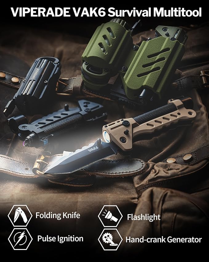 VIPERADE VAK6 Survival Multitool with Folding Knife LED Flashlight Pulse Ignition and Hand Crank Generator Camping Multitool Knife Rechargeable Flashlight with Belt Sheath