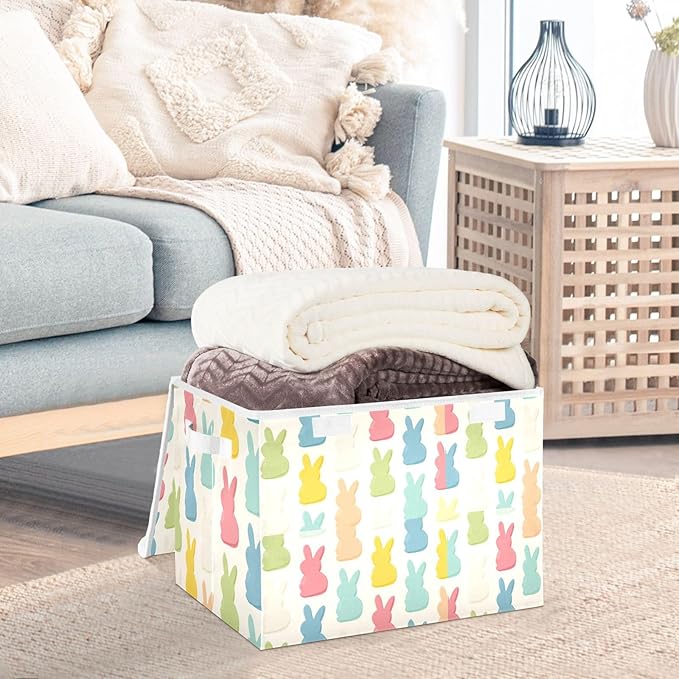 Beige Cartoon Rabbit Easter Storage Box with Lid 1 PC Foldable Storage Bin with Lids Stackable Storage Bins Cube Closet Organizer Basket with Flip-Top Lid &amp Handles for Shoes Books Towels
