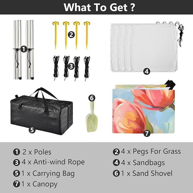 ALAZA Tulip Flower Floral Painting Beach Tent Sun Shelter UPF50+ Protection Beach Shade Canopy w/ 4 Sandbags for Outdoor Camping Fishing Backyard Fun Picnic 10x9 ft